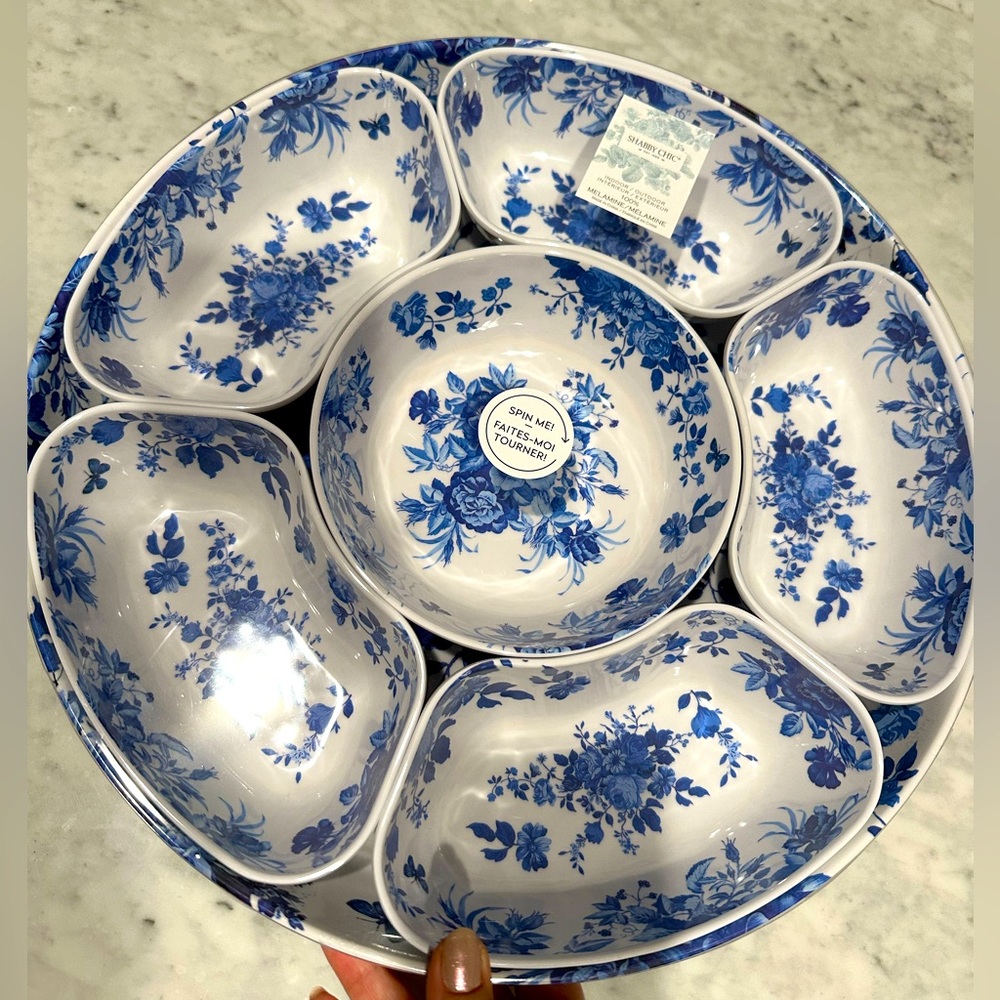 arge melamine blue & white lazy Susan w/ divided serving bowls